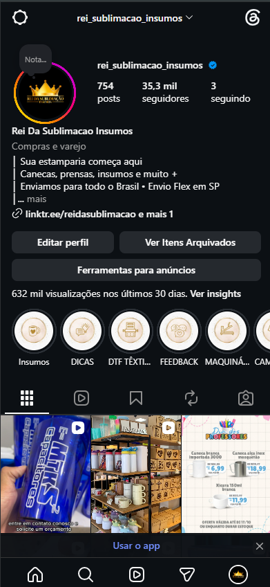 Perfil do Instagram @rei_sublimacao_insumos com 35,3 mil seguidores